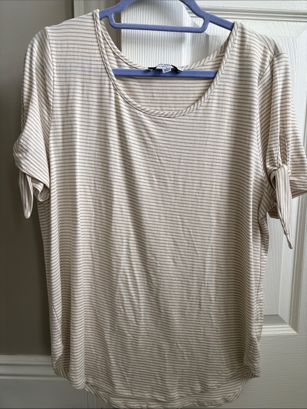 Green Envelope Beige and White Striped Tie-Sleeve Short Sleeve Top